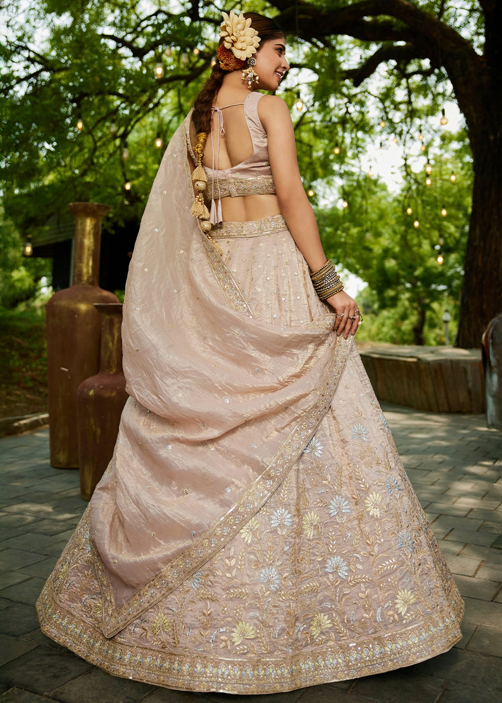 Nude Brown Lehenga Choli in Tissue with Floral & Sequin Embroidery