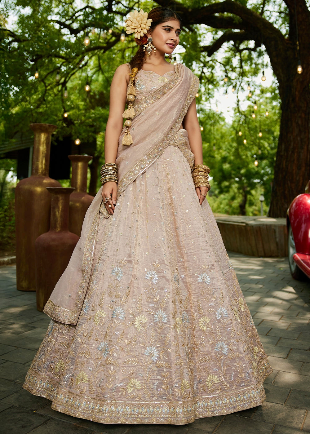 Nude Brown Lehenga Choli in Tissue with Floral & Sequin Embroidery