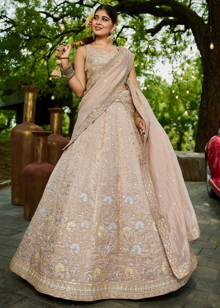 Nude Brown Lehenga Choli in Tissue with Floral & Sequin Embroidery