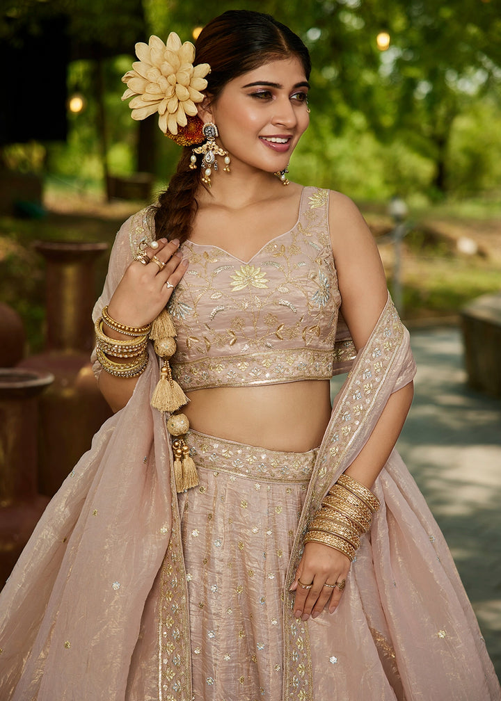 Nude Brown Lehenga Choli in Tissue with Floral & Sequin Embroidery