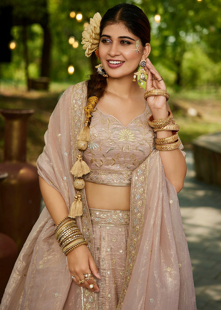 Nude Brown Lehenga Choli in Tissue with Floral & Sequin Embroidery