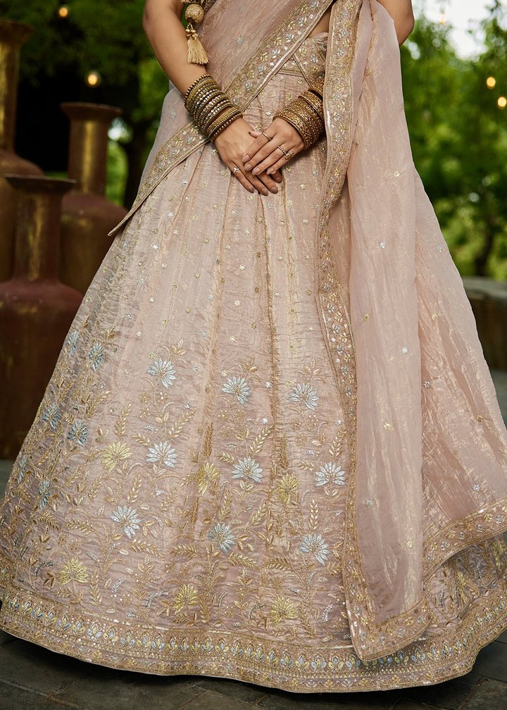 Nude Brown Lehenga Choli in Tissue with Floral & Sequin Embroidery