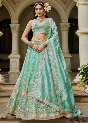 Sea Green Lehenga Choli in Tissue with Floral & Sequin Embroidery