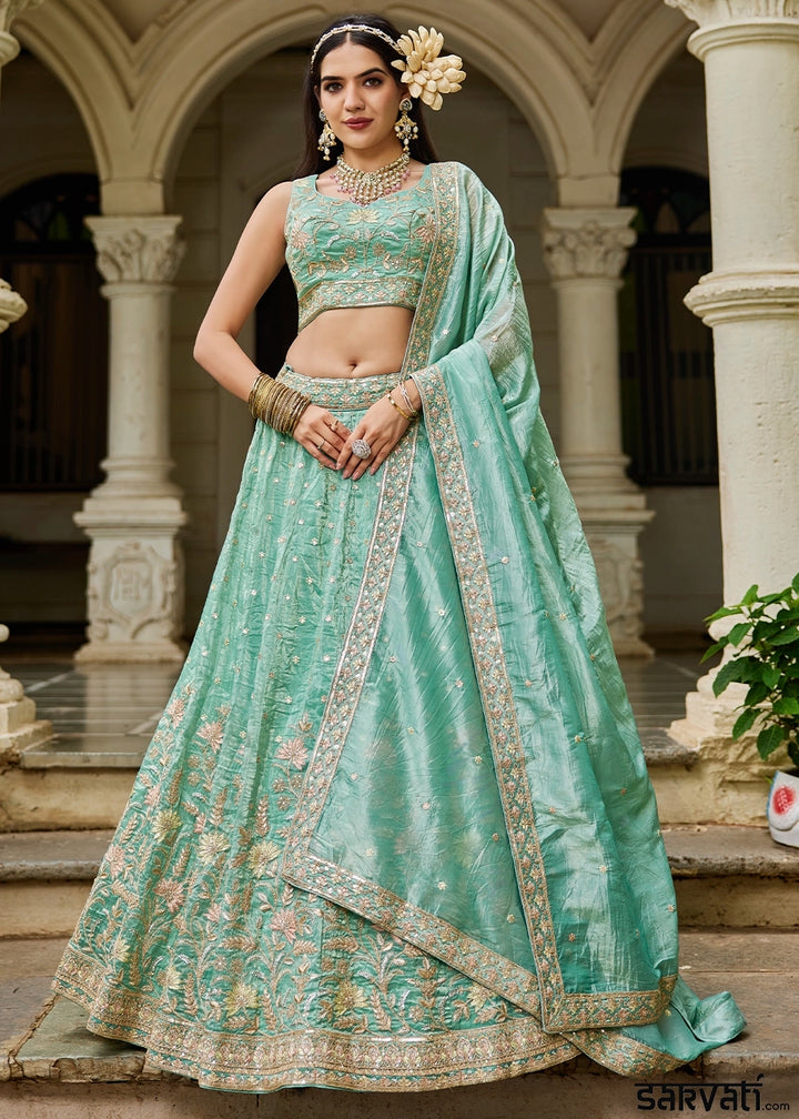 Sea Green Lehenga Choli in Tissue with Floral & Sequin Embroidery