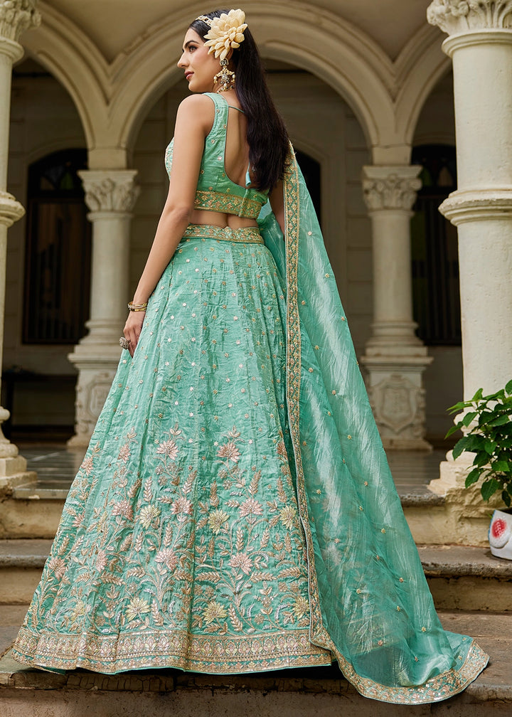 Sea Green Lehenga Choli in Tissue with Floral & Sequin Embroidery