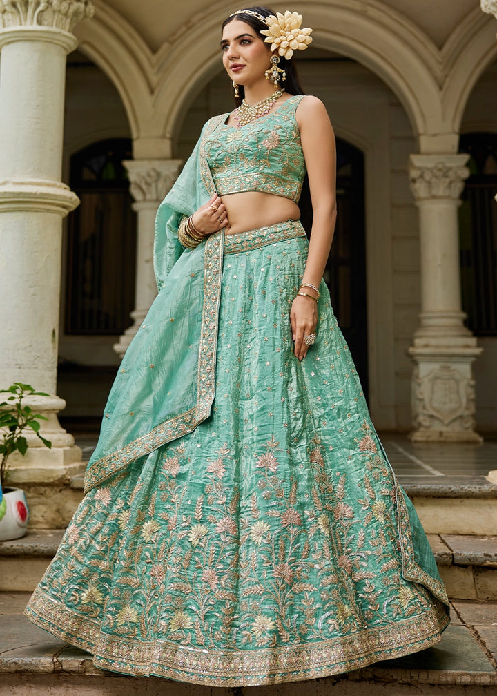 Sea Green Lehenga Choli in Tissue with Floral & Sequin Embroidery