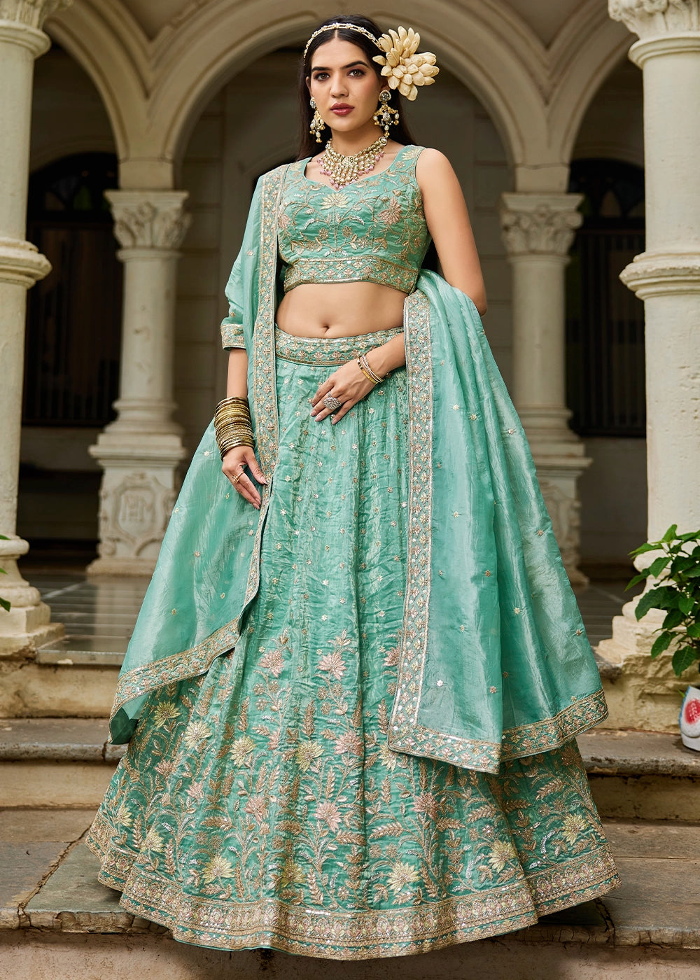 Sea Green Lehenga Choli in Tissue with Floral & Sequin Embroidery