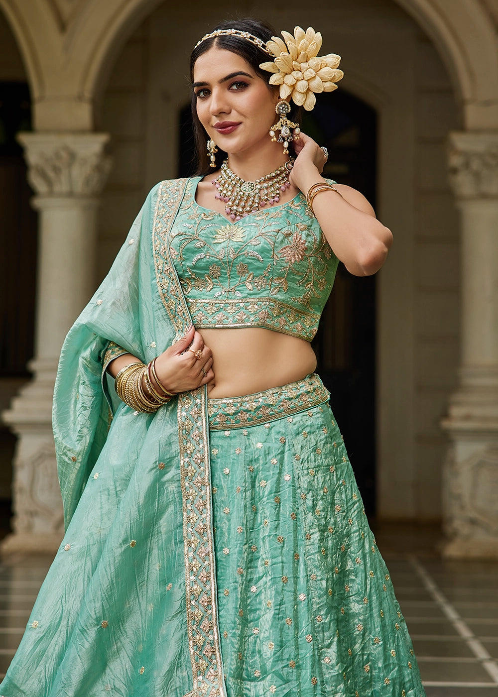 Sea Green Lehenga Choli in Tissue with Floral & Sequin Embroidery