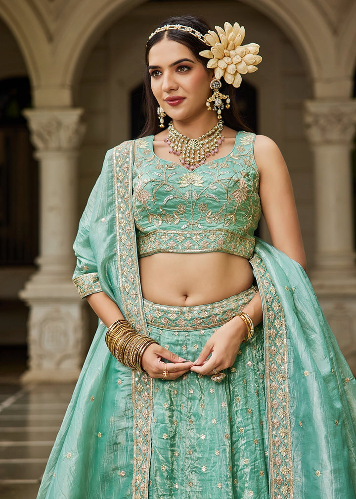 Sea Green Lehenga Choli in Tissue with Floral & Sequin Embroidery