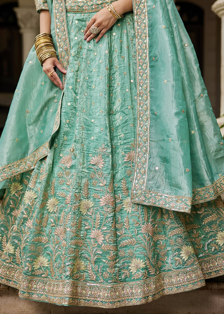Sea Green Lehenga Choli in Tissue with Floral & Sequin Embroidery