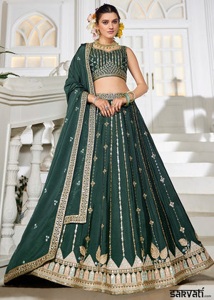 Pine Green Lehenga Choli in Georgette with Floral & Sequin Embroidery