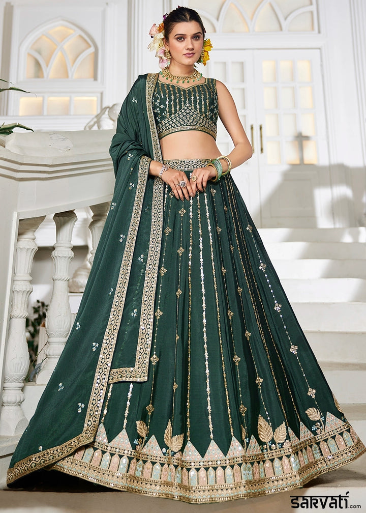 Pine Green Lehenga Choli in Georgette with Floral & Sequin Embroidery