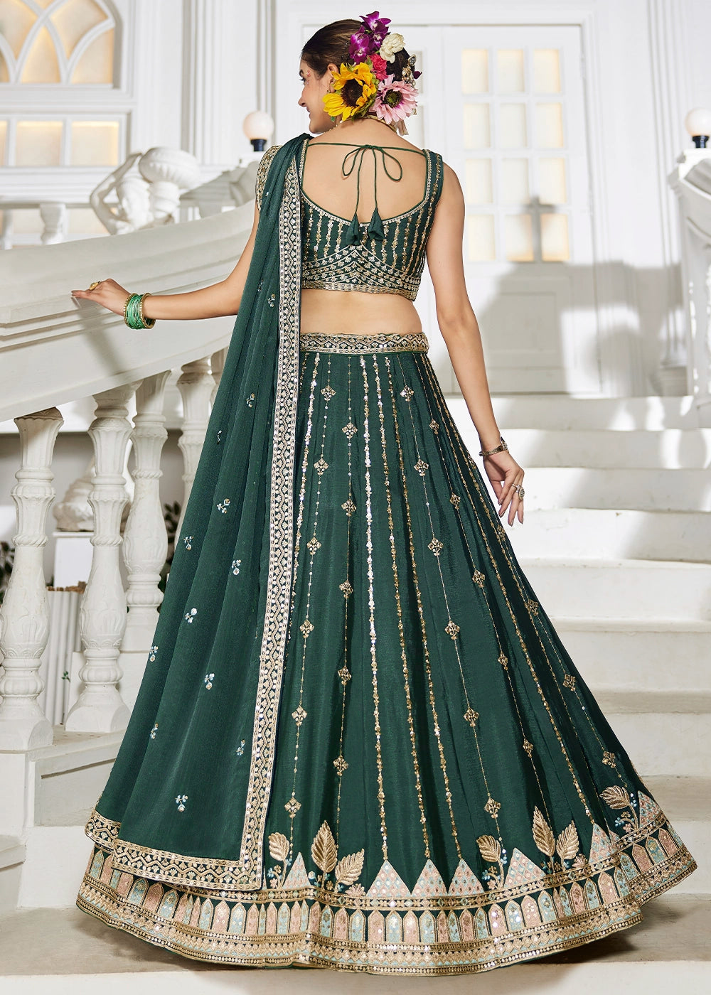 Pine Green Lehenga Choli in Georgette with Floral & Sequin Embroidery