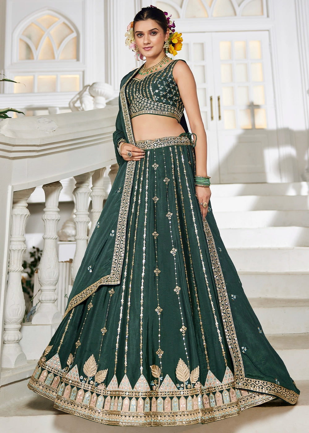 Pine Green Lehenga Choli in Georgette with Floral & Sequin Embroidery