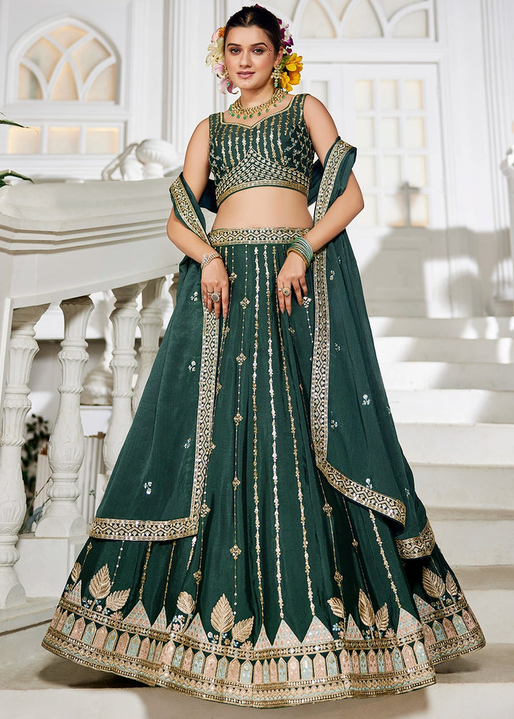 Pine Green Lehenga Choli in Georgette with Floral & Sequin Embroidery