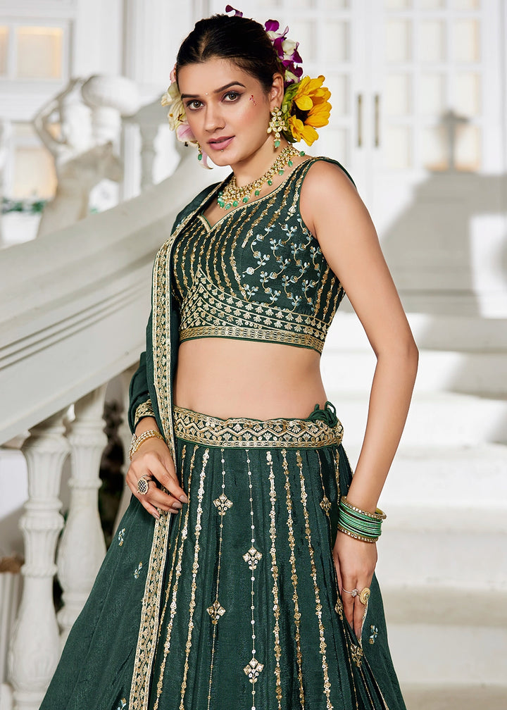 Pine Green Lehenga Choli in Georgette with Floral & Sequin Embroidery