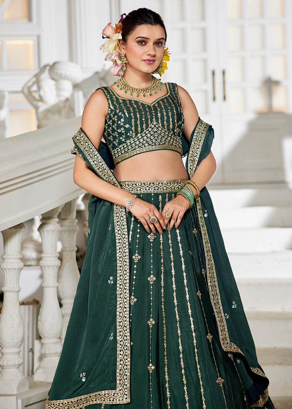 Pine Green Lehenga Choli in Georgette with Floral & Sequin Embroidery