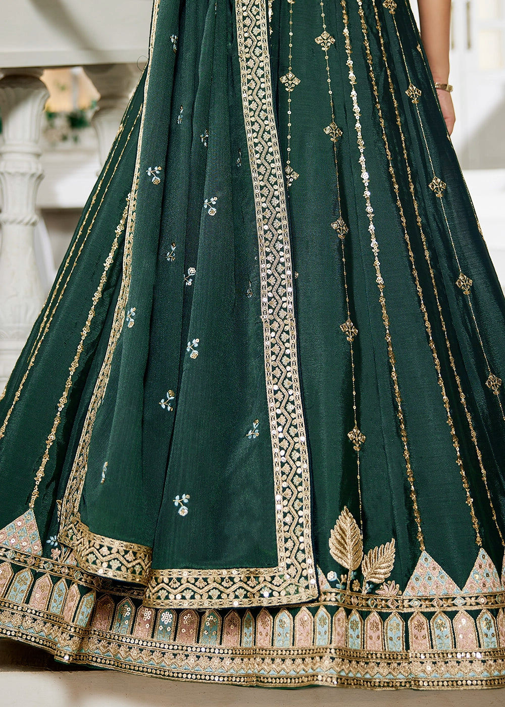 Pine Green Lehenga Choli in Georgette with Floral & Sequin Embroidery