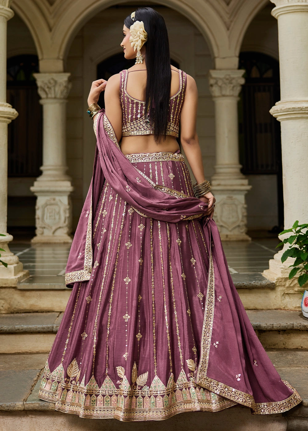 Wildberry Purple Lehenga Choli in Georgette with Floral & Sequin Embroidery