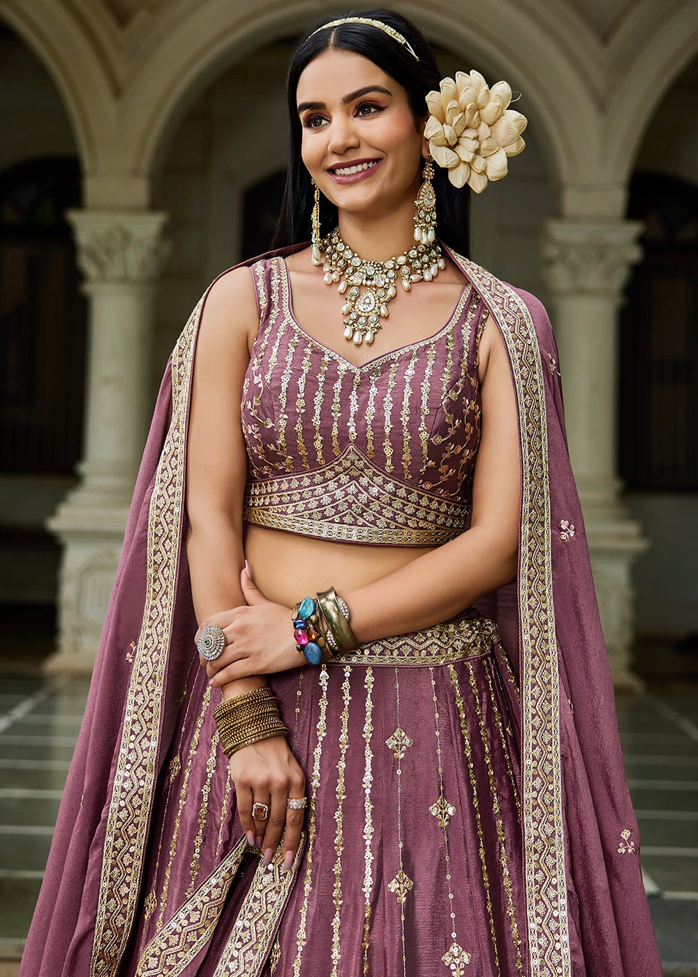 Wildberry Purple Lehenga Choli in Georgette with Floral & Sequin Embroidery