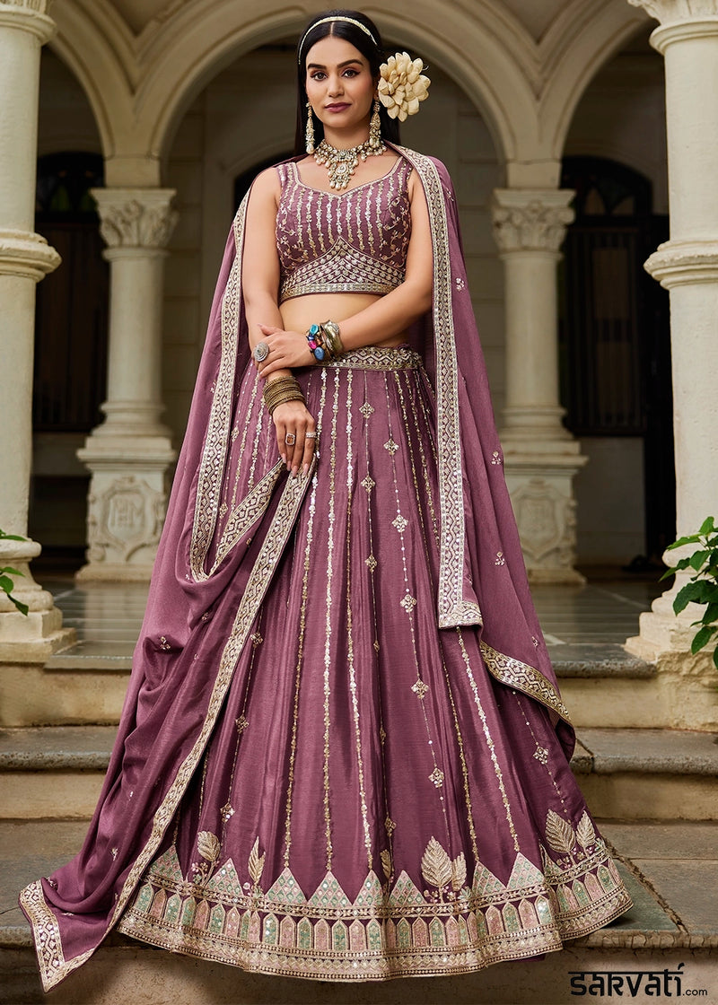 Wildberry Purple Lehenga Choli in Georgette with Floral & Sequin Embroidery