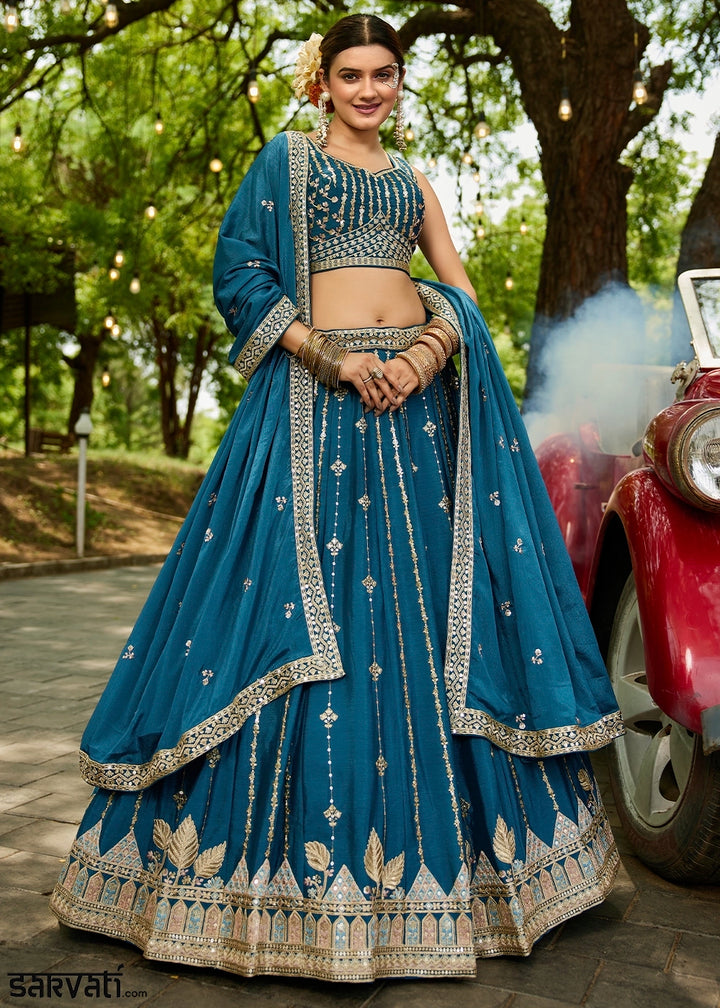 Azure Blue Lehenga Choli in Georgette with Floral & Sequin Embroidery