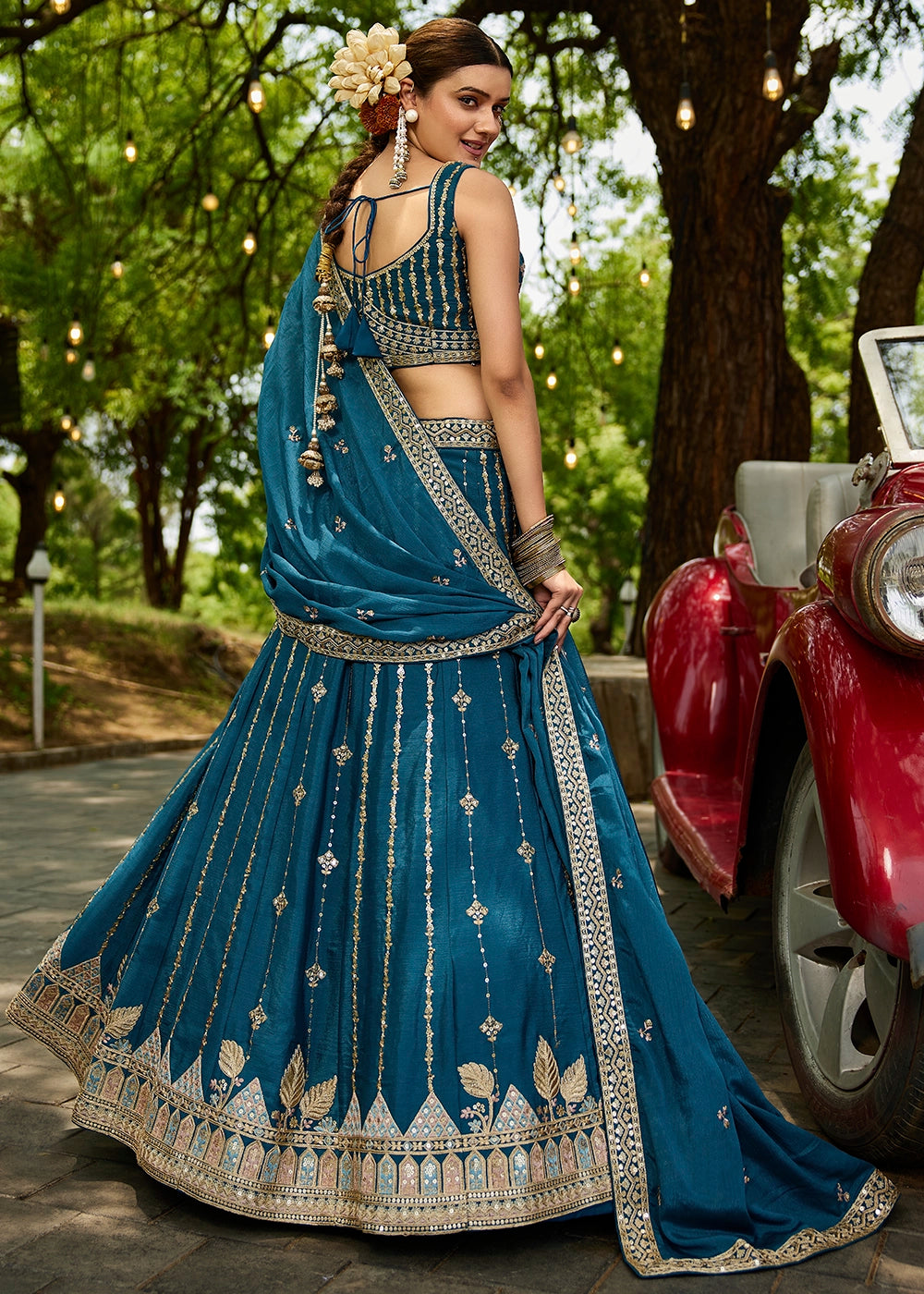 Azure Blue Lehenga Choli in Georgette with Floral & Sequin Embroidery