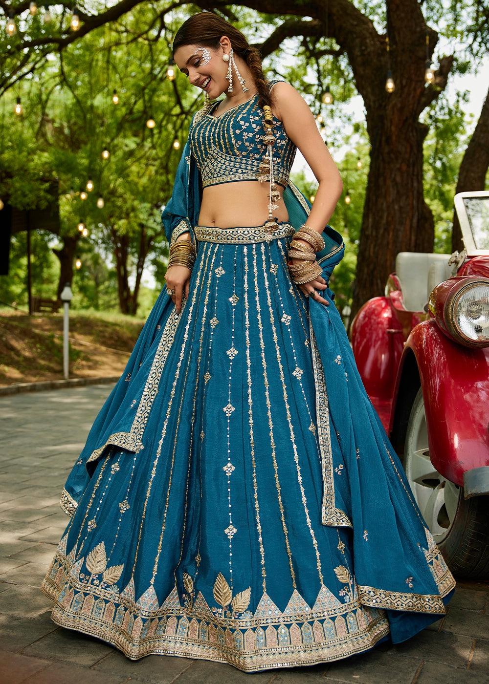 Azure Blue Lehenga Choli in Georgette with Floral & Sequin Embroidery