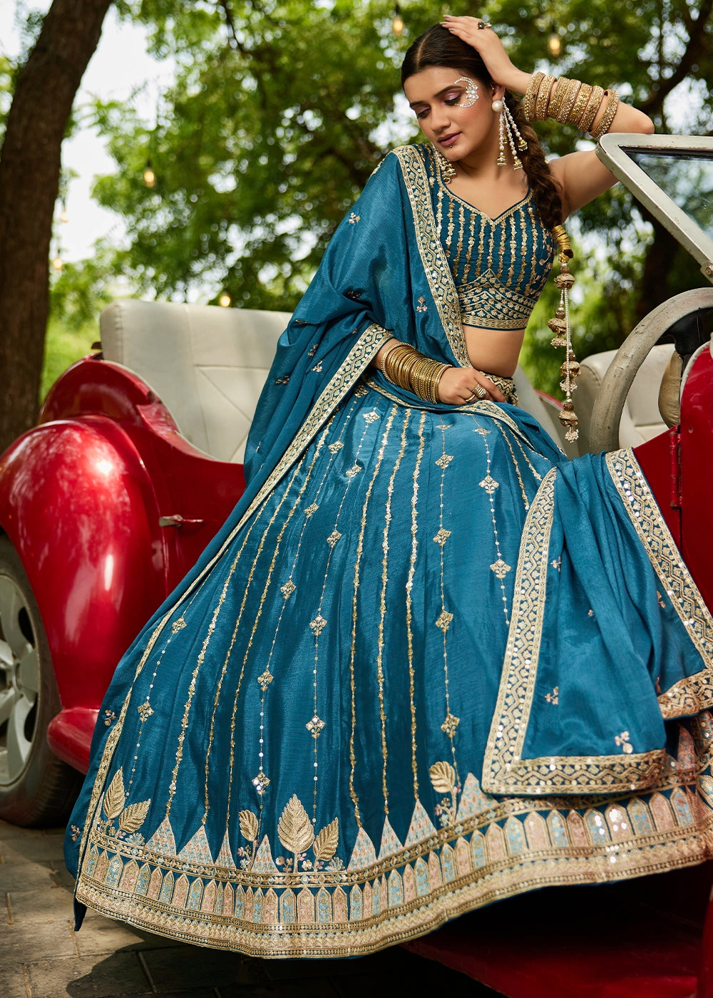 Azure Blue Lehenga Choli in Georgette with Floral & Sequin Embroidery