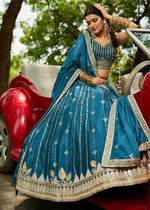 Azure Blue Lehenga Choli in Georgette with Floral & Sequin Embroidery