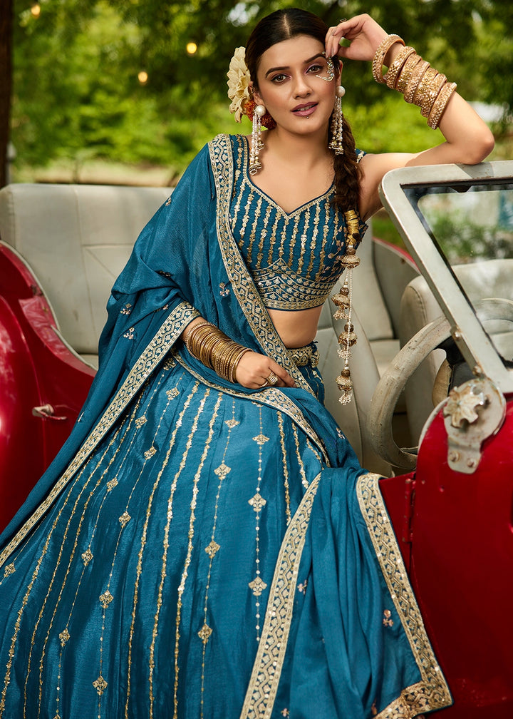 Azure Blue Lehenga Choli in Georgette with Floral & Sequin Embroidery