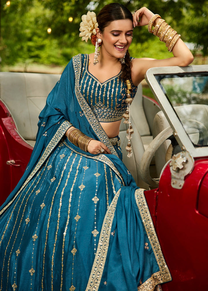 Azure Blue Lehenga Choli in Georgette with Floral & Sequin Embroidery