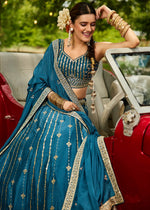 Azure Blue Lehenga Choli in Georgette with Floral & Sequin Embroidery