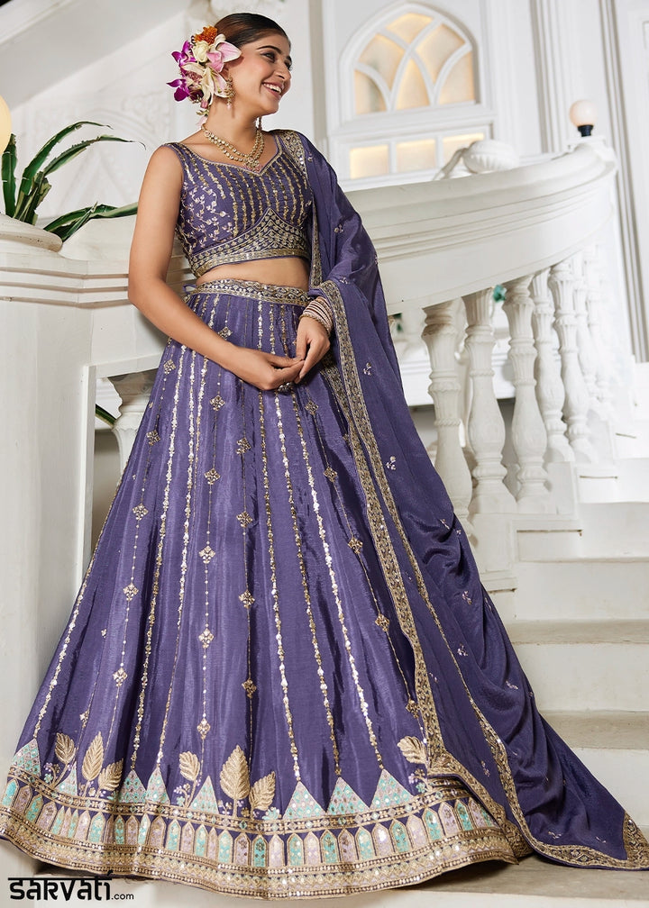 Royal Purple Lehenga Choli in Georgette with Floral & Sequin Embroidery