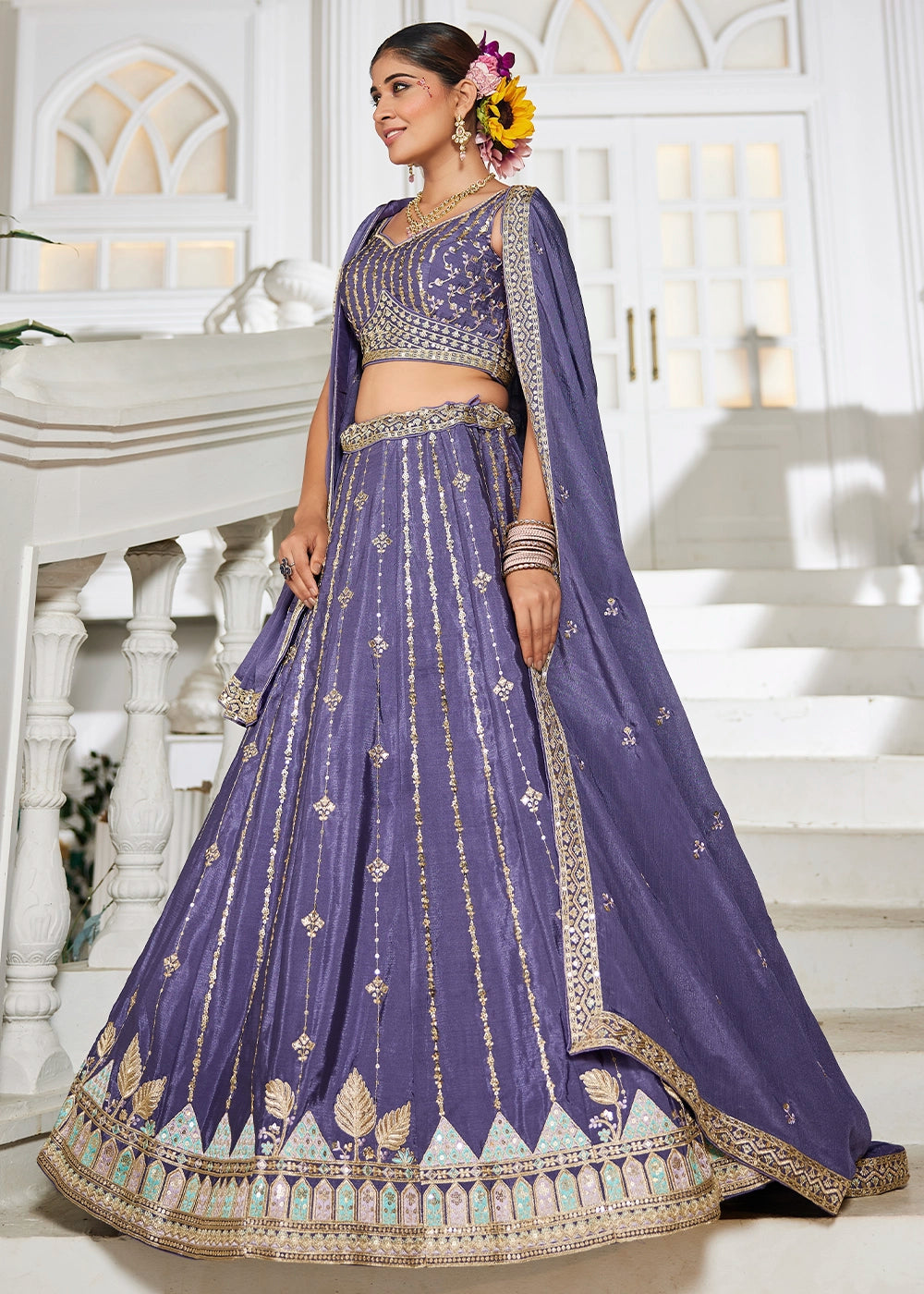 Royal Purple Lehenga Choli in Georgette with Floral & Sequin Embroidery