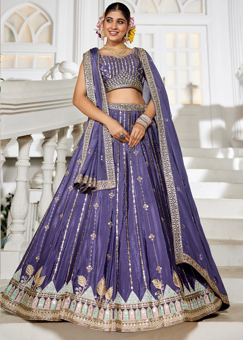 Royal Purple Lehenga Choli in Georgette with Floral & Sequin Embroidery
