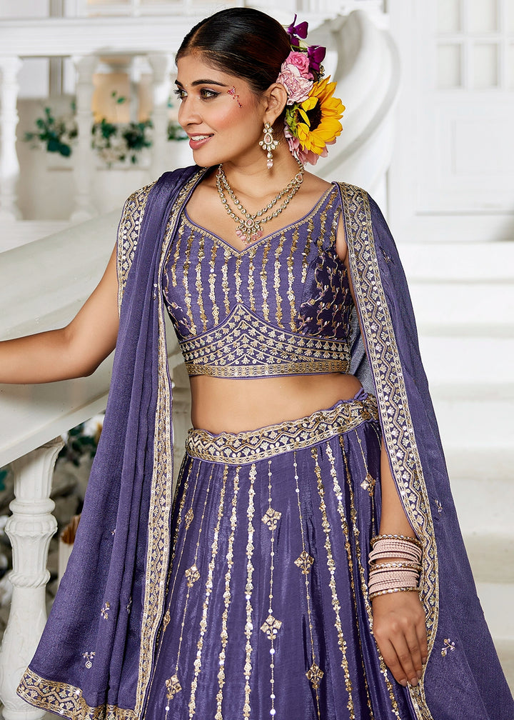 Royal Purple Lehenga Choli in Georgette with Floral & Sequin Embroidery
