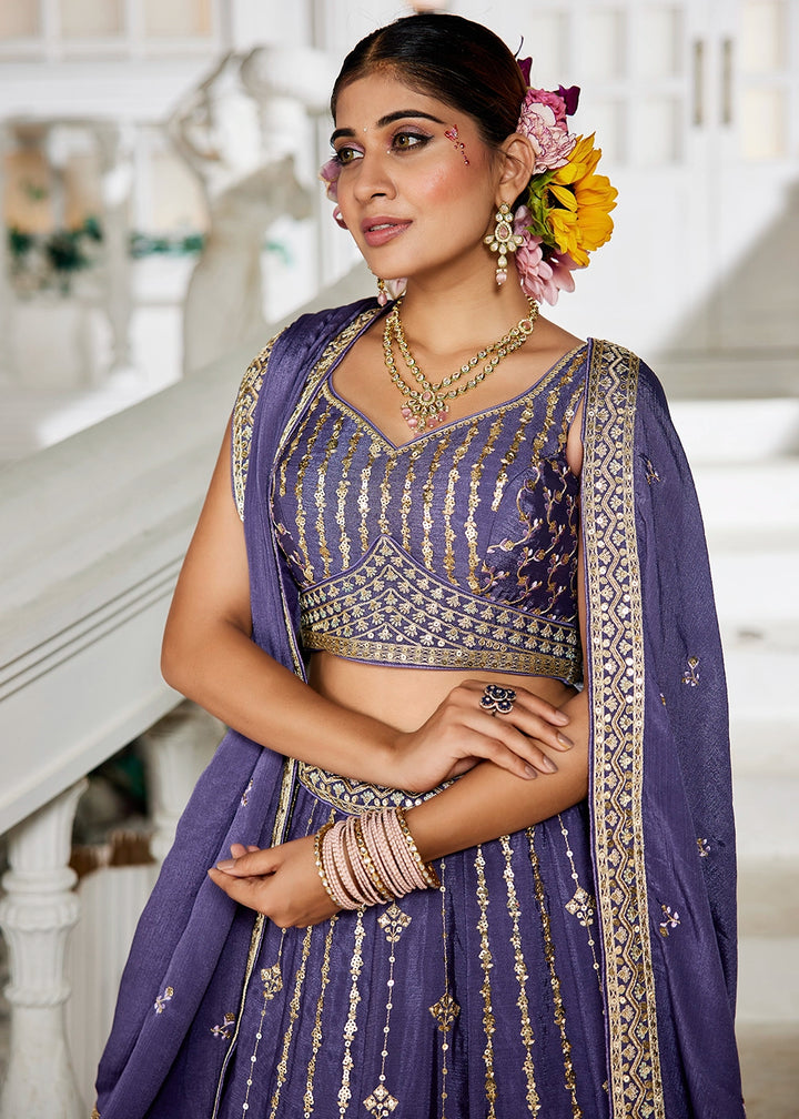 Royal Purple Lehenga Choli in Georgette with Floral & Sequin Embroidery