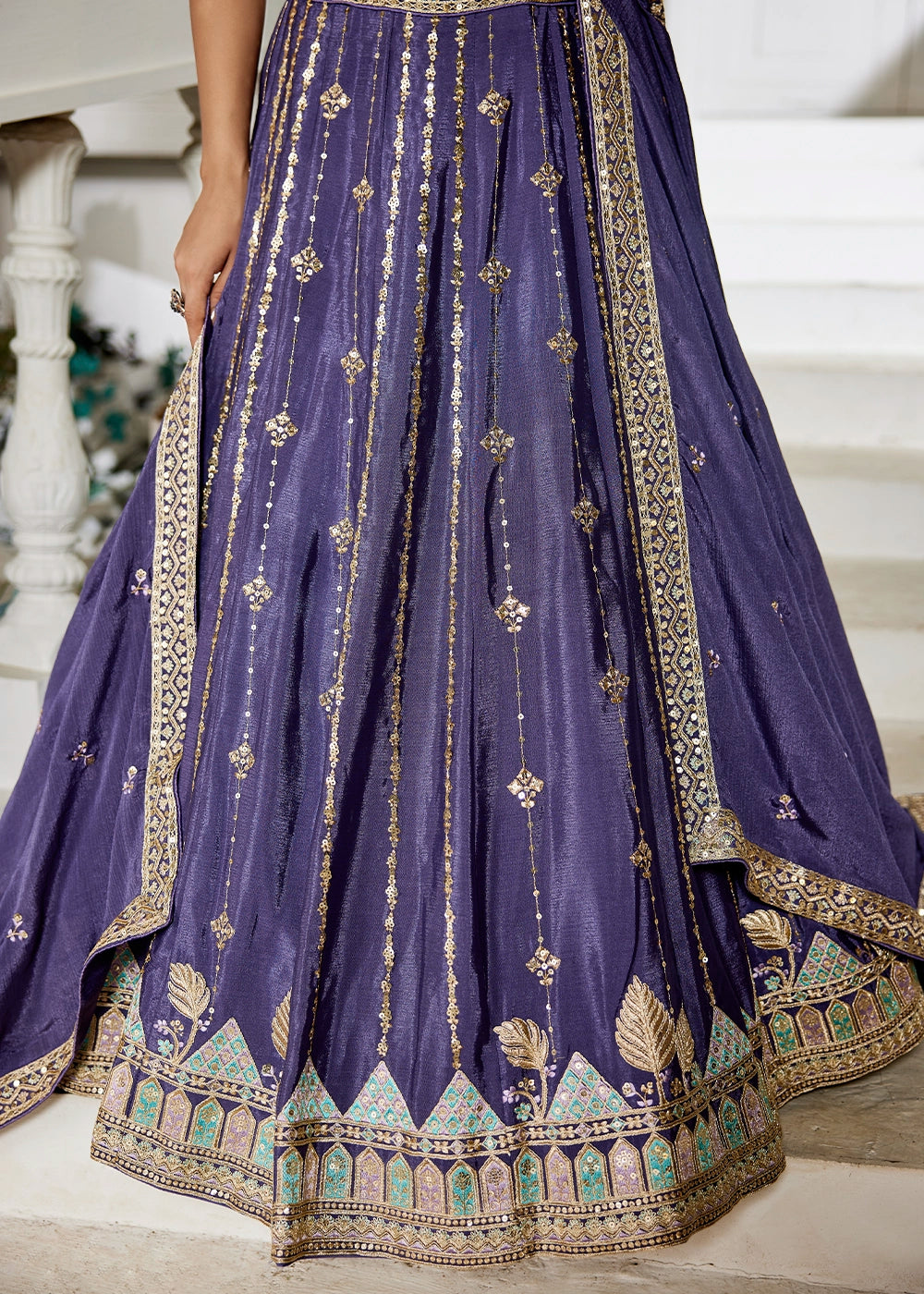 Royal Purple Lehenga Choli in Georgette with Floral & Sequin Embroidery
