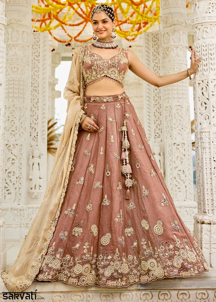Saddle Brown Ready-to-Wear Lehenga in Satin Silk with Embroidery