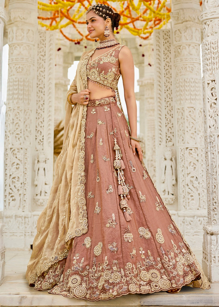 Saddle Brown Ready-to-Wear Lehenga in Satin Silk with Embroidery