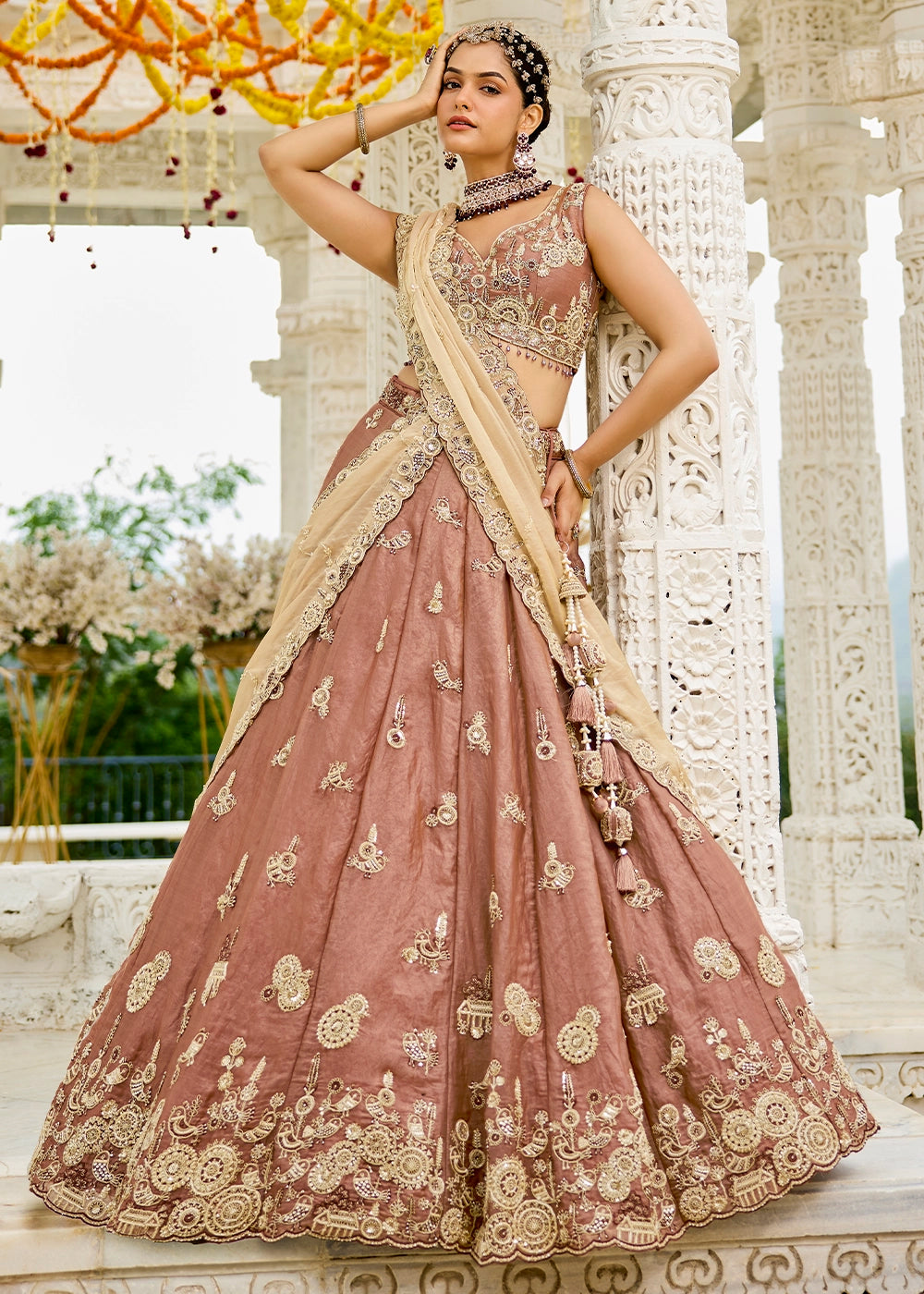 Saddle Brown Ready-to-Wear Lehenga in Satin Silk with Embroidery