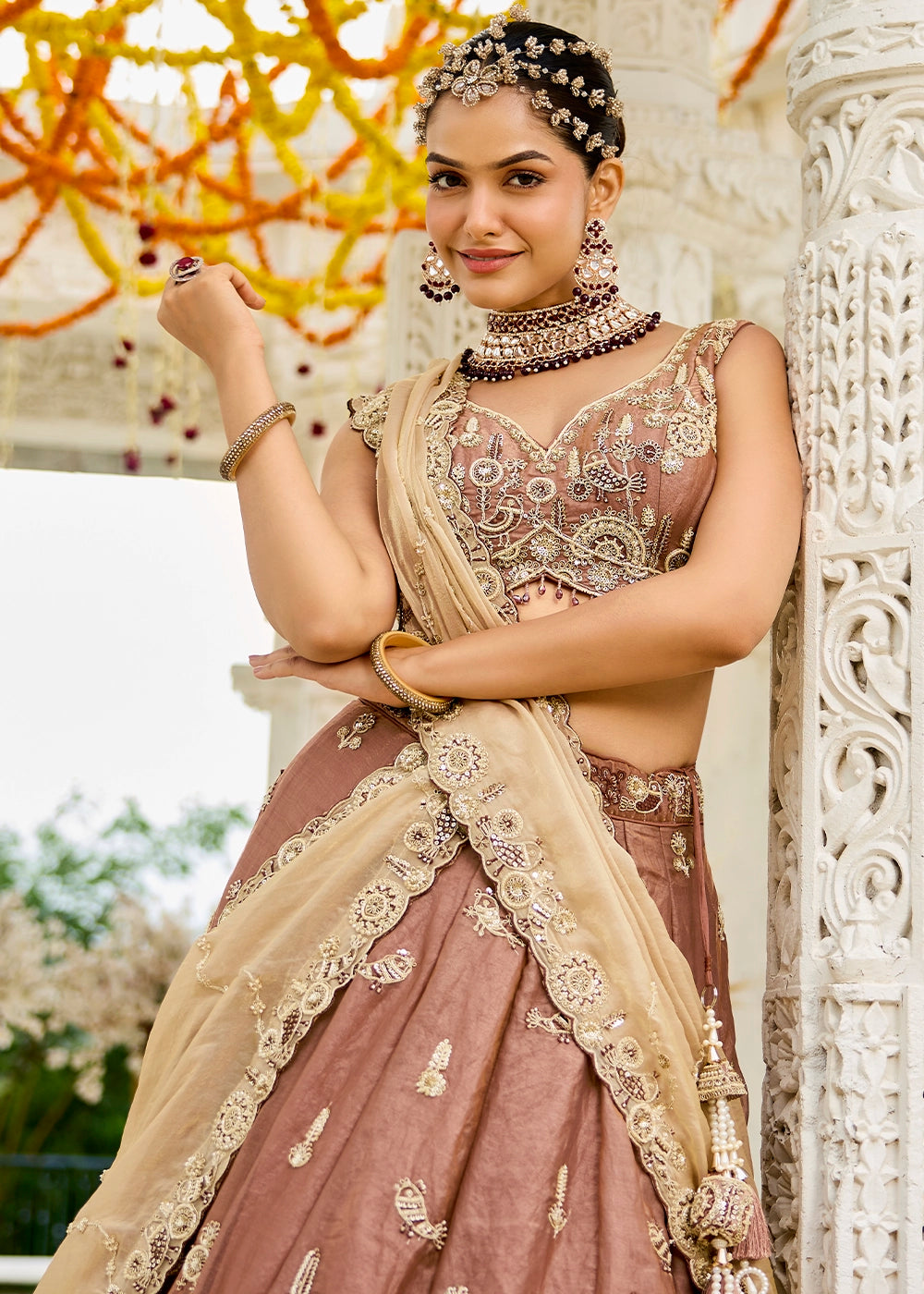 Saddle Brown Ready-to-Wear Lehenga in Satin Silk with Embroidery