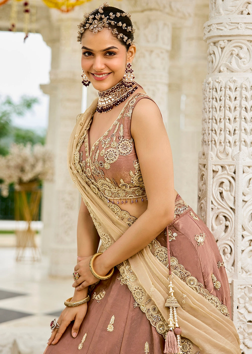 Saddle Brown Ready-to-Wear Lehenga in Satin Silk with Embroidery