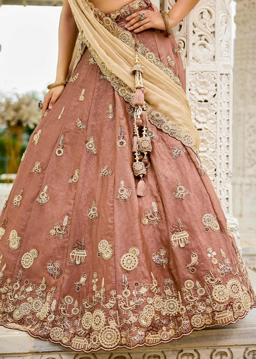 Saddle Brown Ready-to-Wear Lehenga in Satin Silk with Embroidery