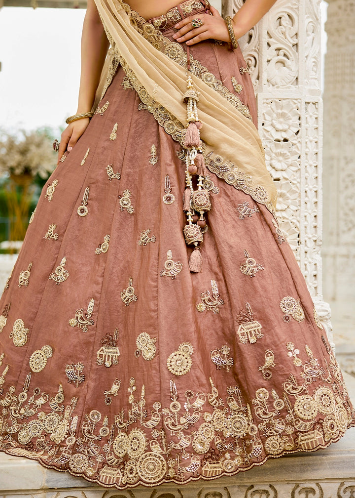 Saddle Brown Ready-to-Wear Lehenga in Satin Silk with Embroidery