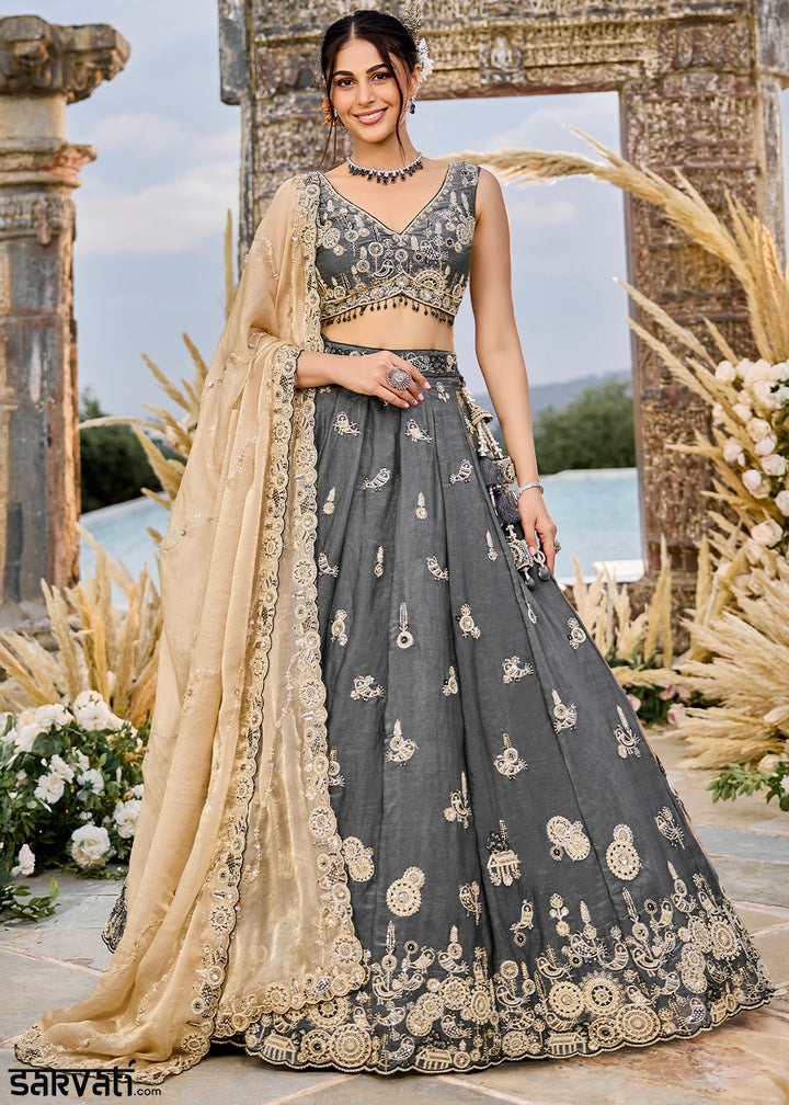 Iron Grey Purple Ready-to-Wear Lehenga in Satin Silk with Embroidery