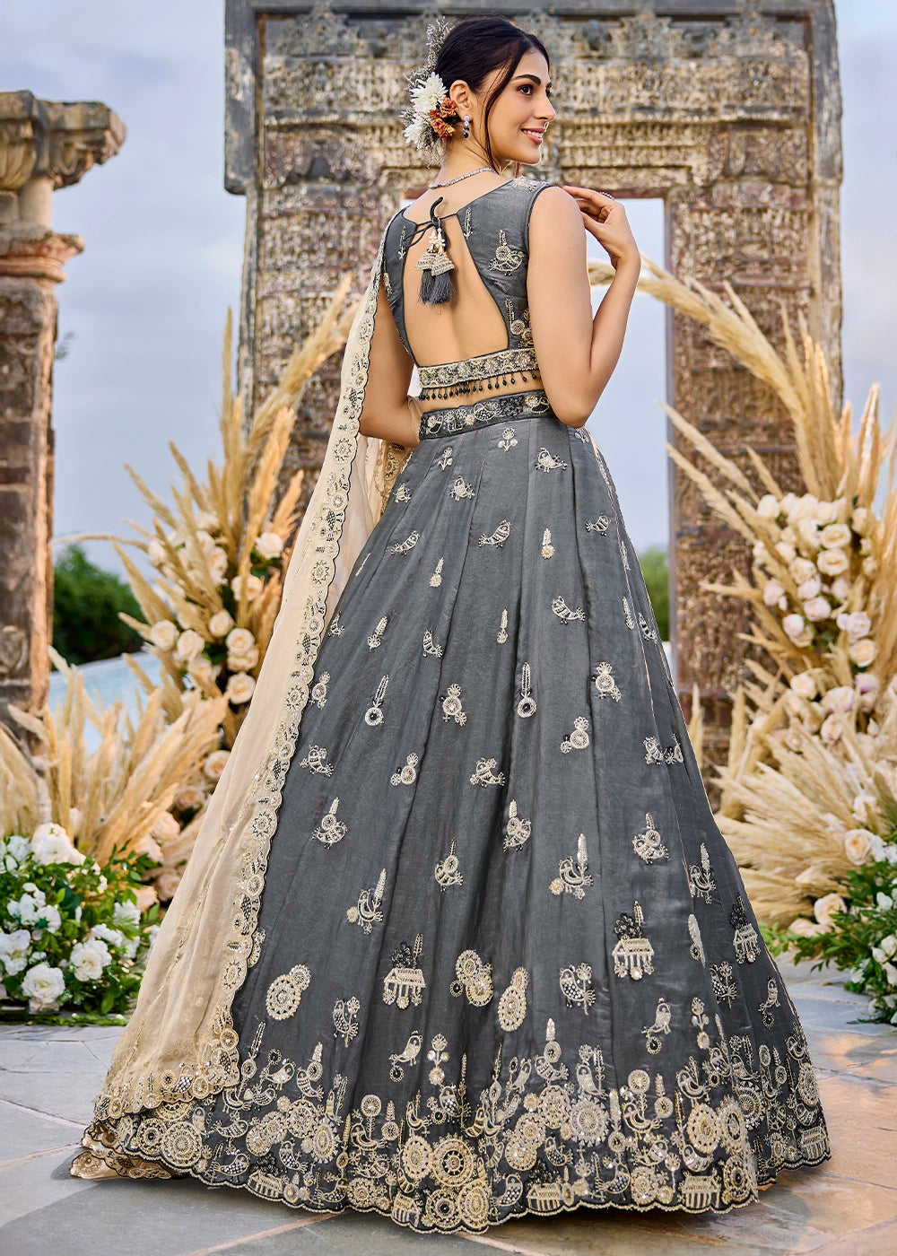 Iron Grey Purple Ready-to-Wear Lehenga in Satin Silk with Embroidery