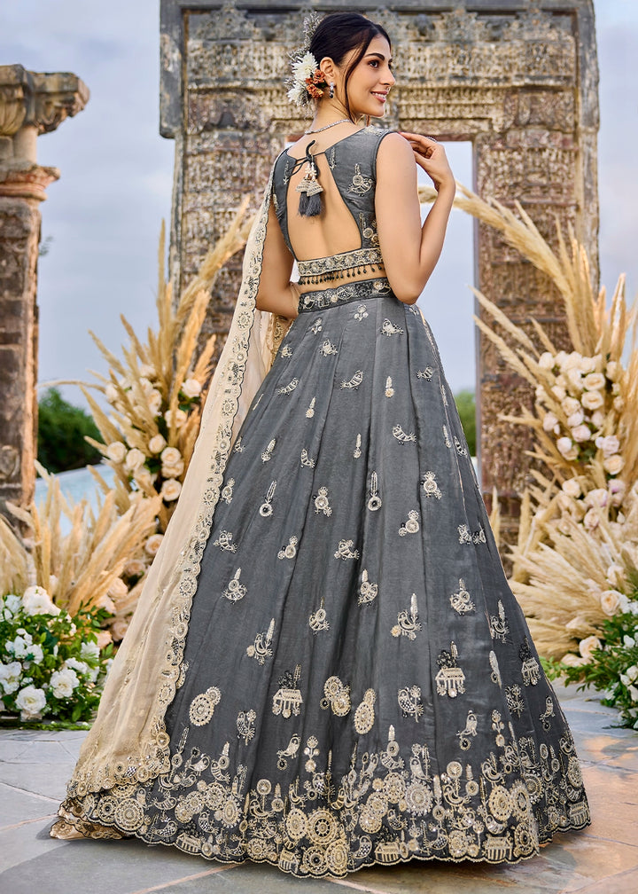 Iron Grey Purple Ready-to-Wear Lehenga in Satin Silk with Embroidery