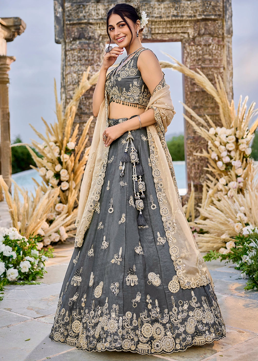 Iron Grey Purple Ready-to-Wear Lehenga in Satin Silk with Embroidery
